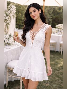 🤍 One & Only Collective White Lace-Up Crochet Mini Dress (XS) NWT